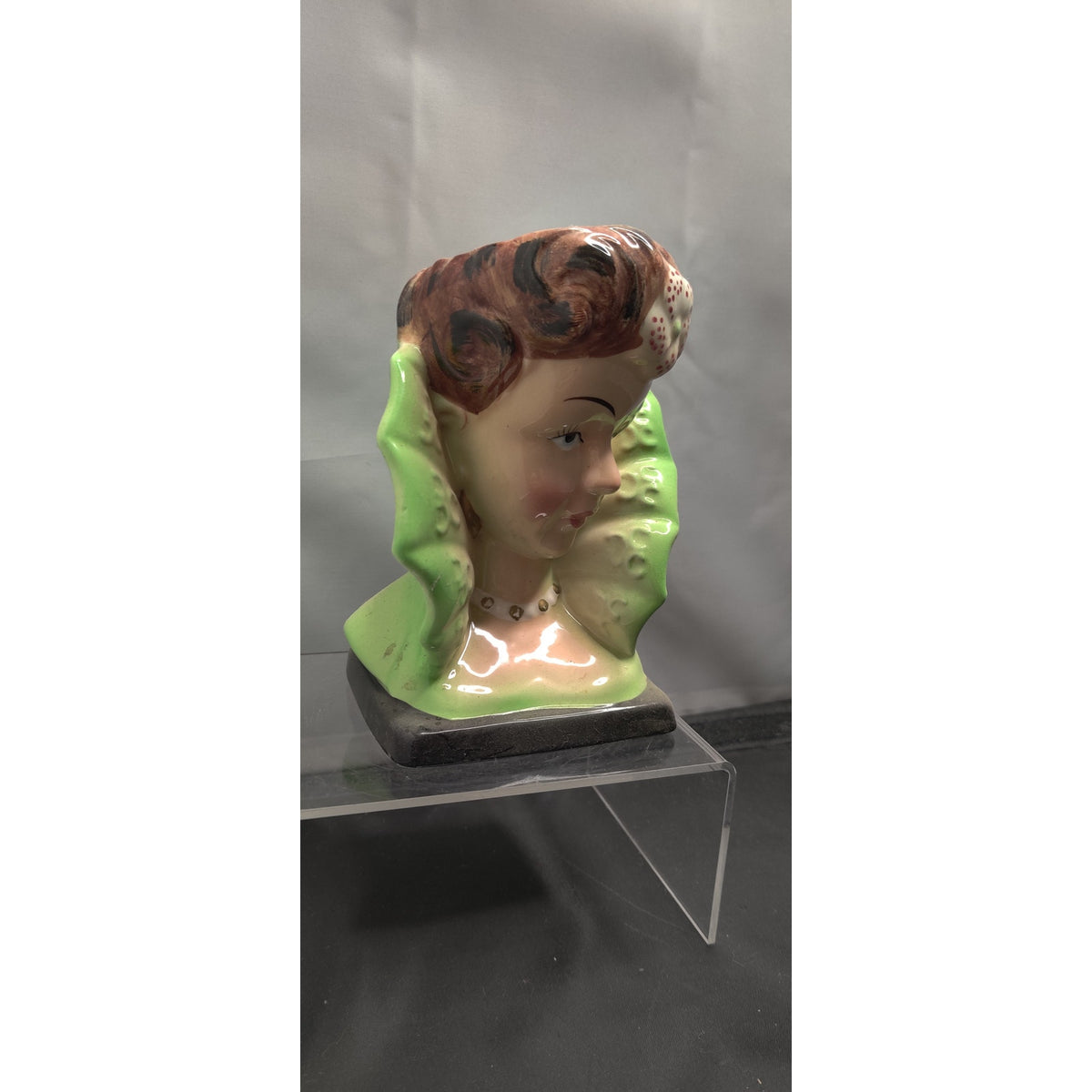 Vintage Green Collar Lady Head Vase Planter Kitschy Ceramic Japan 1950 Edwardian