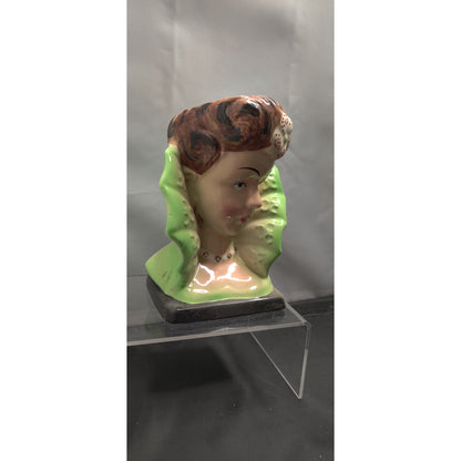 Vintage Green Collar Lady Head Vase Planter Kitschy Ceramic Japan 1950 Edwardian
