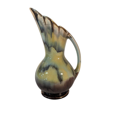 Vintage Art Deco Majolica Pitcher Ewer Vase Yellow Brown Drip Glaze 7"