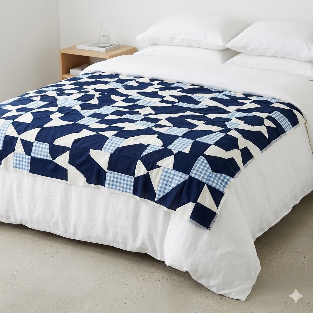 Unfinished Polyester Patchwork Quilt topper Black Blue White Gingham Project