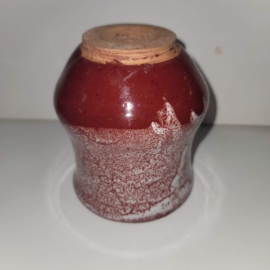 Handmade Art Pottery Vase handleless cup mug Clay Red White Dripware Signed Amy