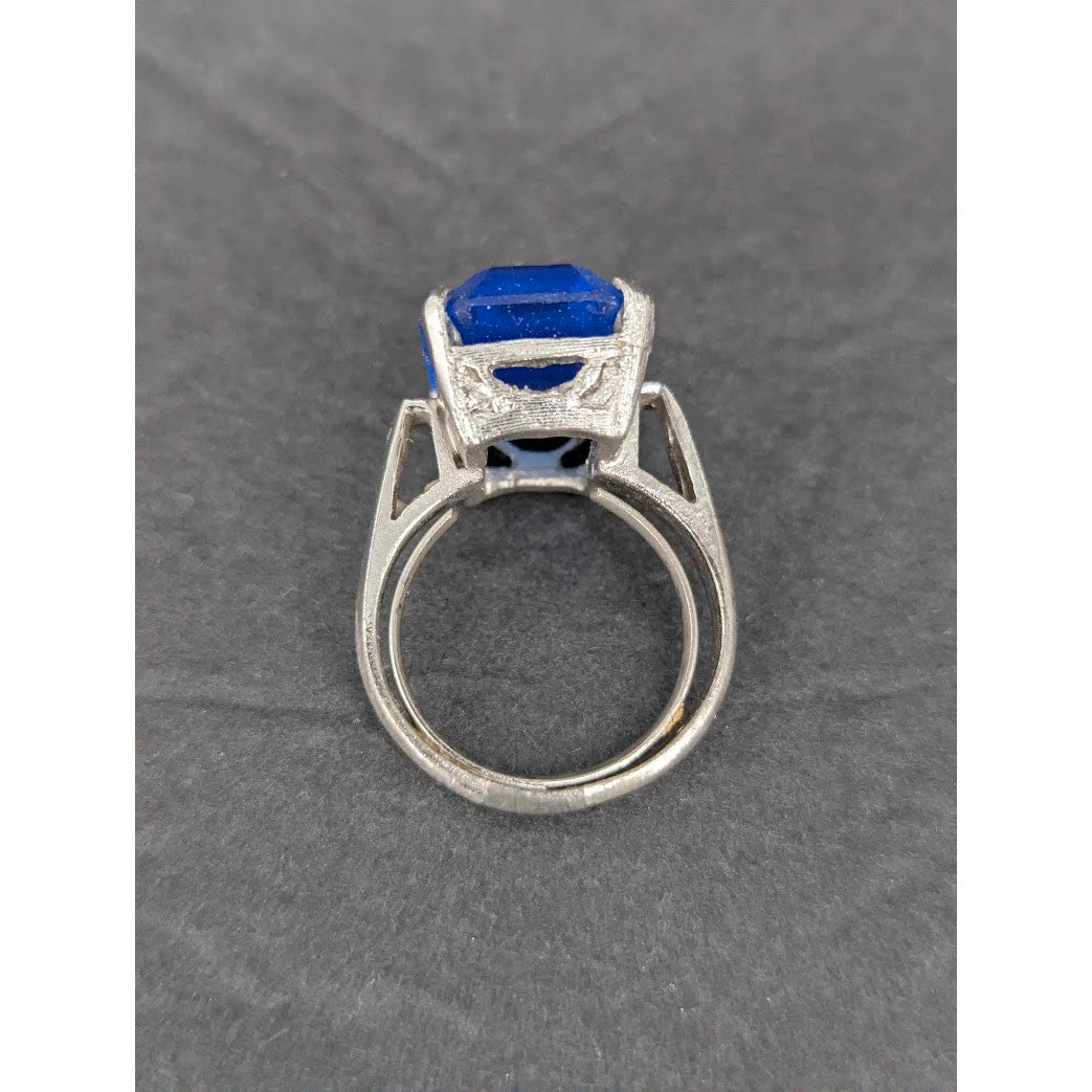 Vintage Faux Sapphire Cathedral Basket Split Shank Silver Tone Solitaire Ring 6