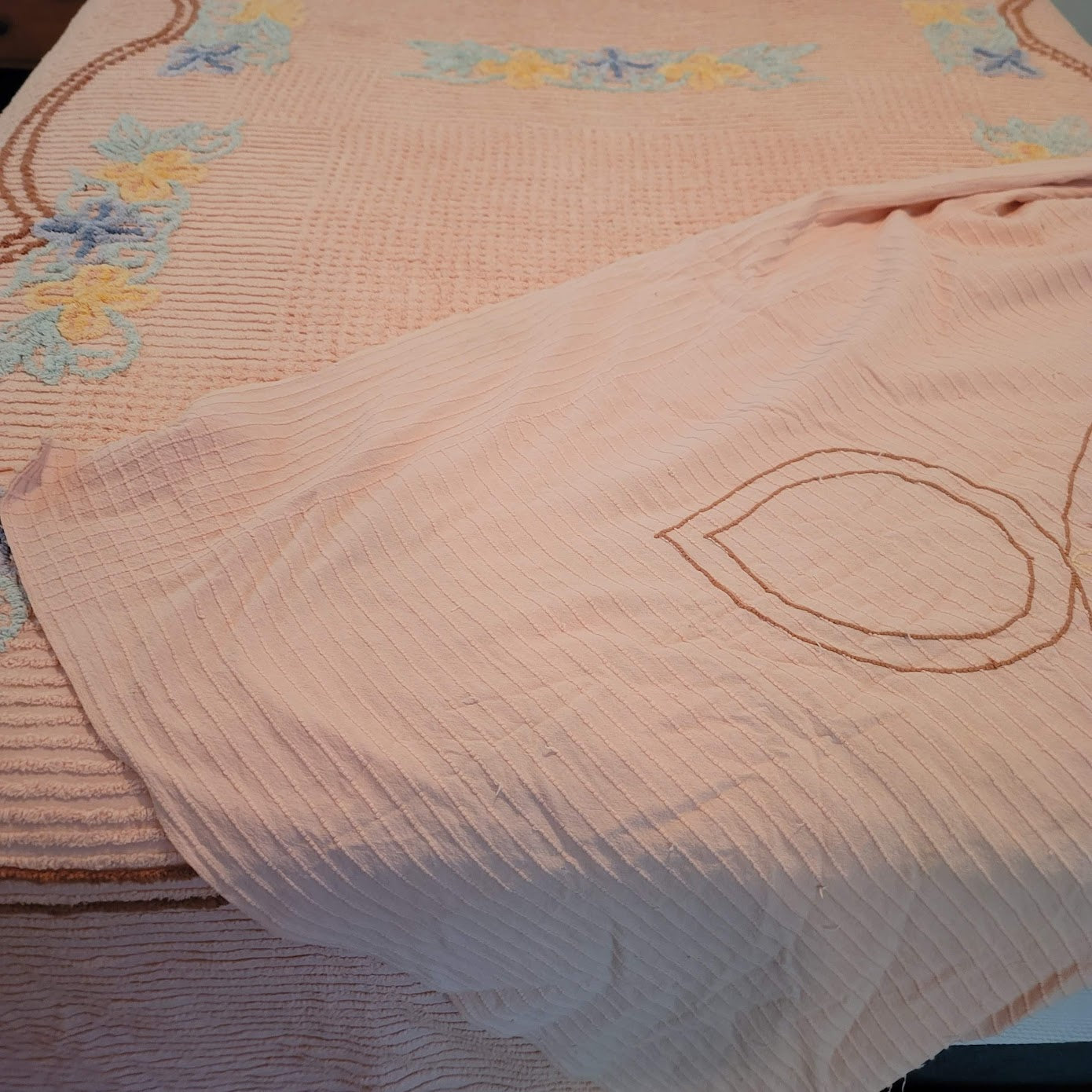 VINTAGE chenille queen coverlet flowers bedspread blanket Peach Blue Yellow