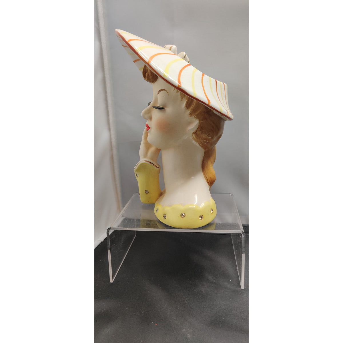 Vintage 1950s Napco Lady Head Vase Planter Striped Hat Collectible MCM Kitsch