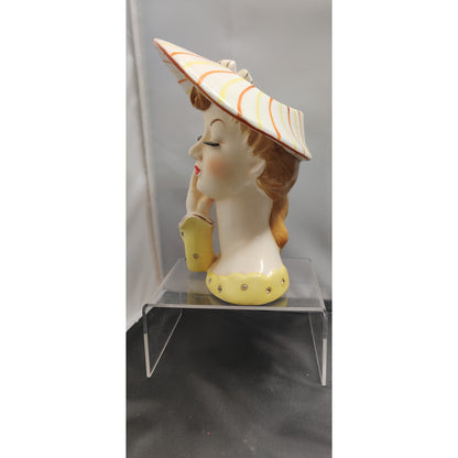 Vintage 1950s Napco Lady Head Vase Planter Striped Hat Collectible MCM Kitsch