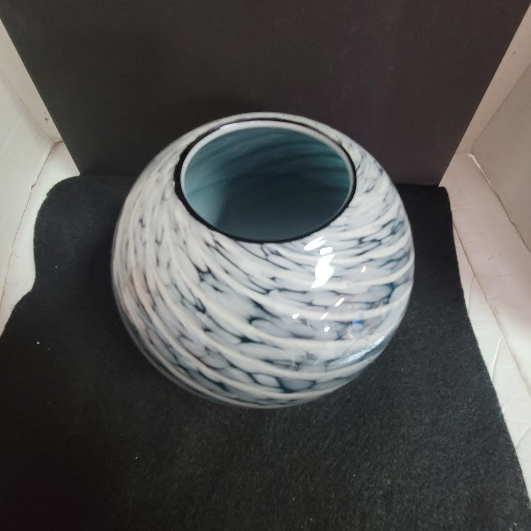 Vintage Blue White Swirl Art Glass Rose Bowl Vase Candle Holder Coastal Beach