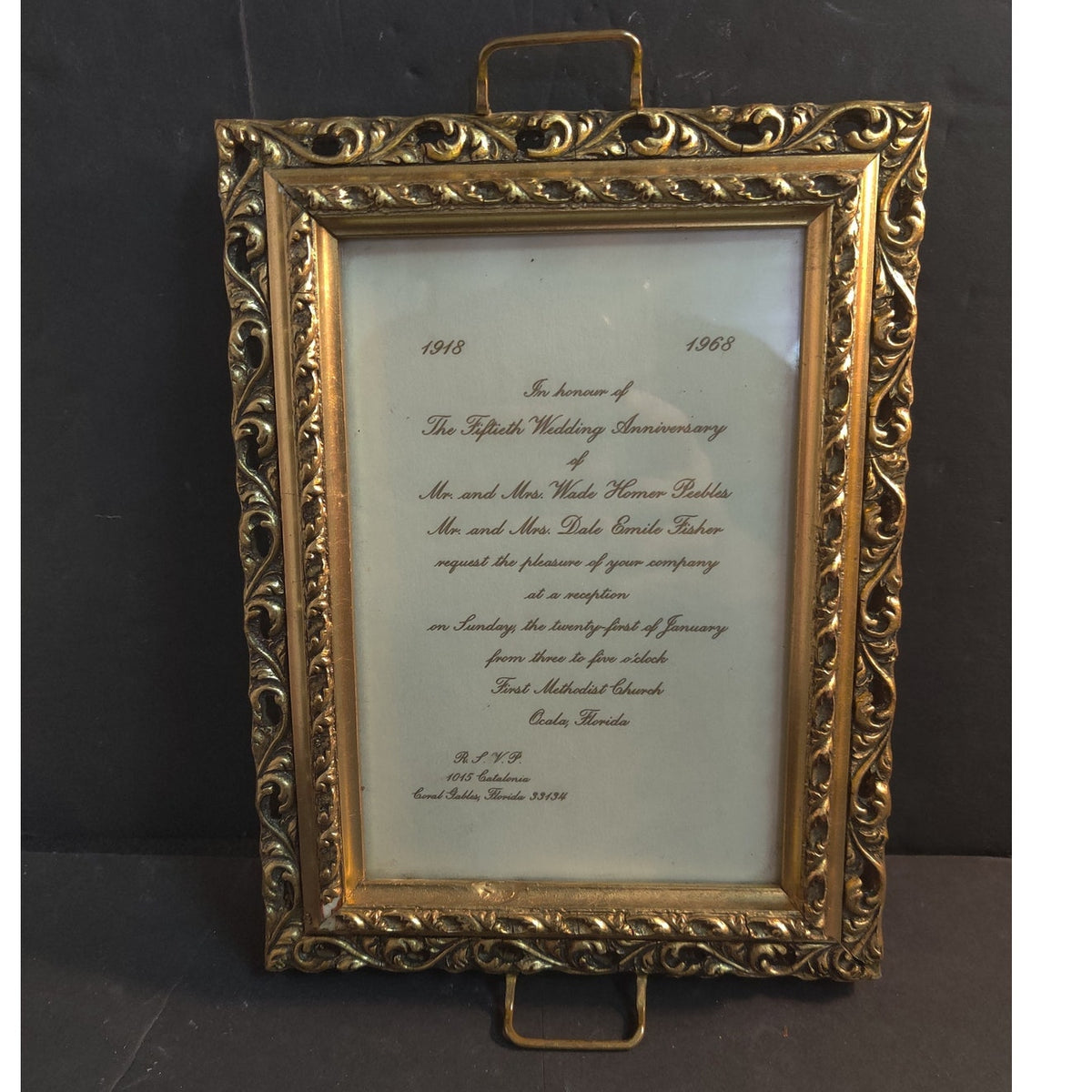 Vintage Ornate Gold Metal Picture Frame 1968 Fiftieth Anniversary Invitation