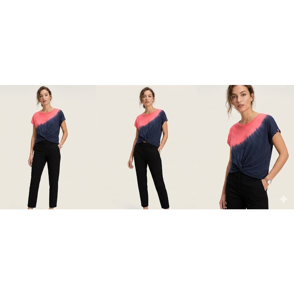 Tommy Hilfiger Dip Dye Knot Front Top Womens Medium Pink Navy Crewneck Blouse
