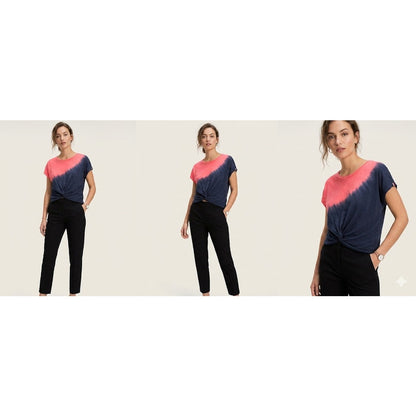 Tommy Hilfiger Dip Dye Knot Front Top Womens Medium Pink Navy Crewneck Blouse