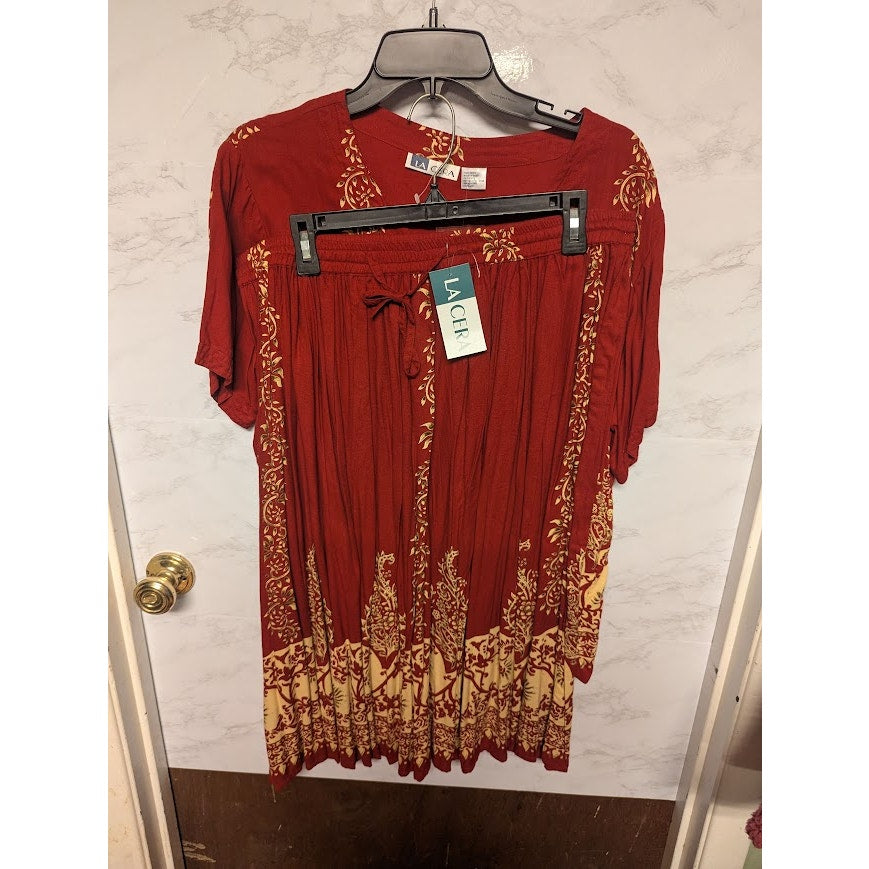 NEW LA CERA Women's Petite Large 2-Piece Printed Blouse Skirt Set Burgundy BOHO