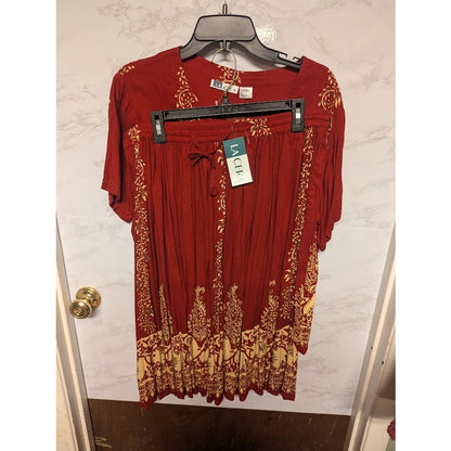 NEW LA CERA Women's Petite Large 2-Piece Printed Blouse Skirt Set Burgundy BOHO