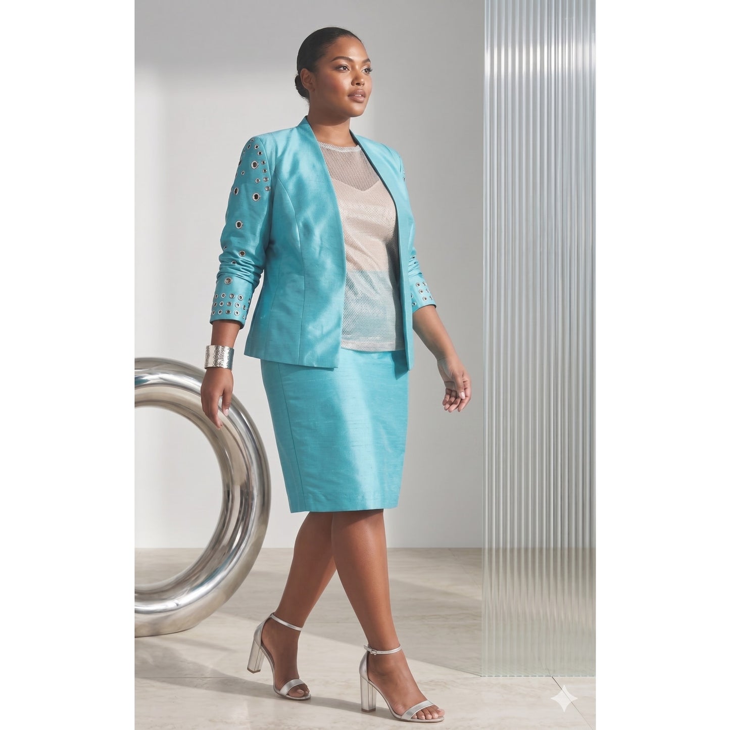 EY Boutique Teal Skirt Suit 16 Turquoise Grommet Edgy Y2K Power Dressing