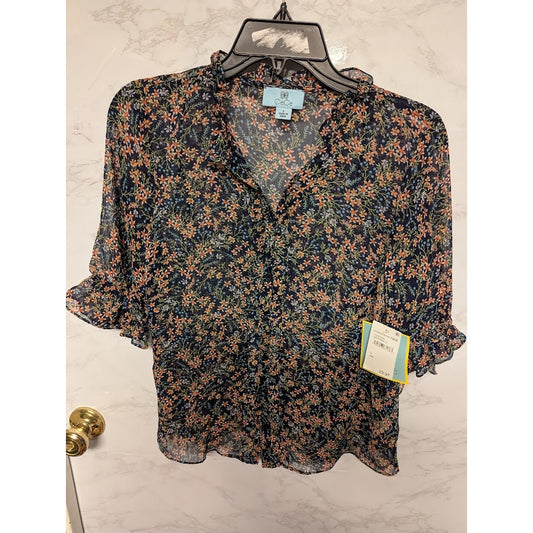 CECE womens sheer floral blouse top size small Navy Multi 3/4 sleeve Top Casual