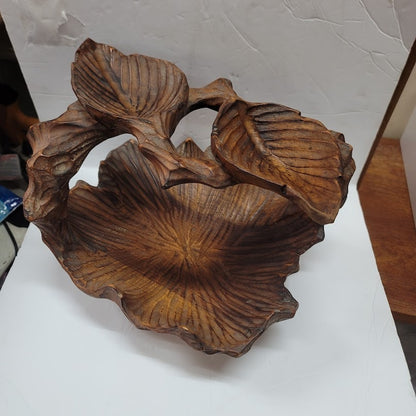 Vintage Hand Carved Burl Wood Rustic Leaf Shaped Basket W/ Handle MCM Brutalist