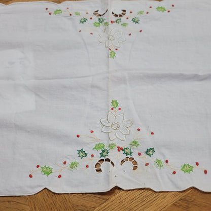 Christmas Table linen tableclotth 32" Runner 48" Holly Candles Holiday Vintage