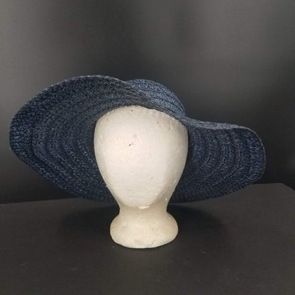 Vintage Cellulose Summer Beach Straw Brim Floppy Hat Blue