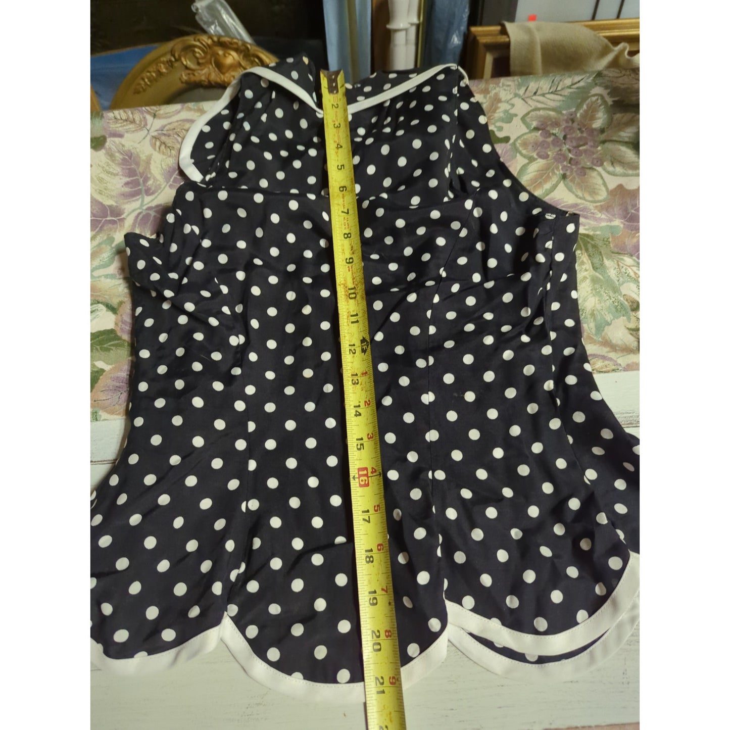 Young Edwardian Vintage Polka Dot Scalloped Vest Blouse XS Black White Coquette