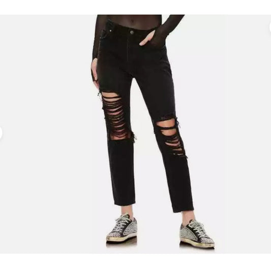 AFRM Cyrus Super High Rise Crop Jeans Size 24 Black Wash Button Fly Distressed