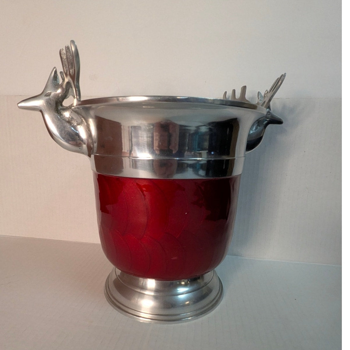Vintage Red Enamel & Silver Stag Head Ice Bucket champagne Cabin Ski lodge