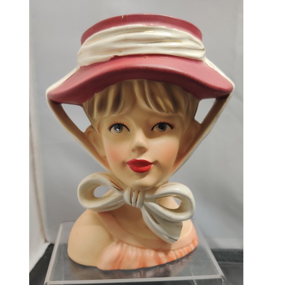 Relpo K1783 Lady Headvase Planter MCM Kitsch Red Hat Retro Ceramic Decor Vase