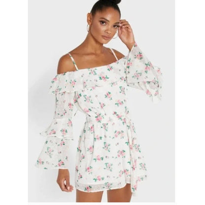 Topshop White Pink Floral Rose Bardot Off Shoulder Shorts Romper SZ. 4 SMALL NEW
