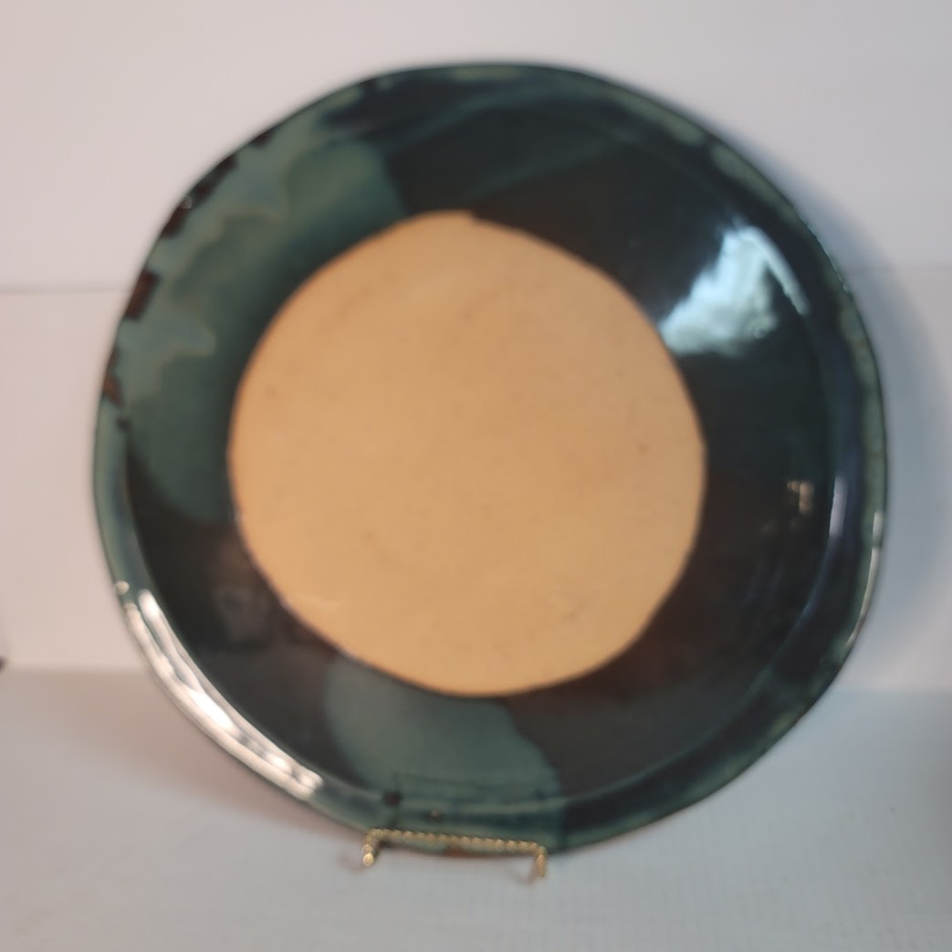 Handmade Studio Pottery Platter 15" Round Etched Rim Earthy Glaze Stoneware