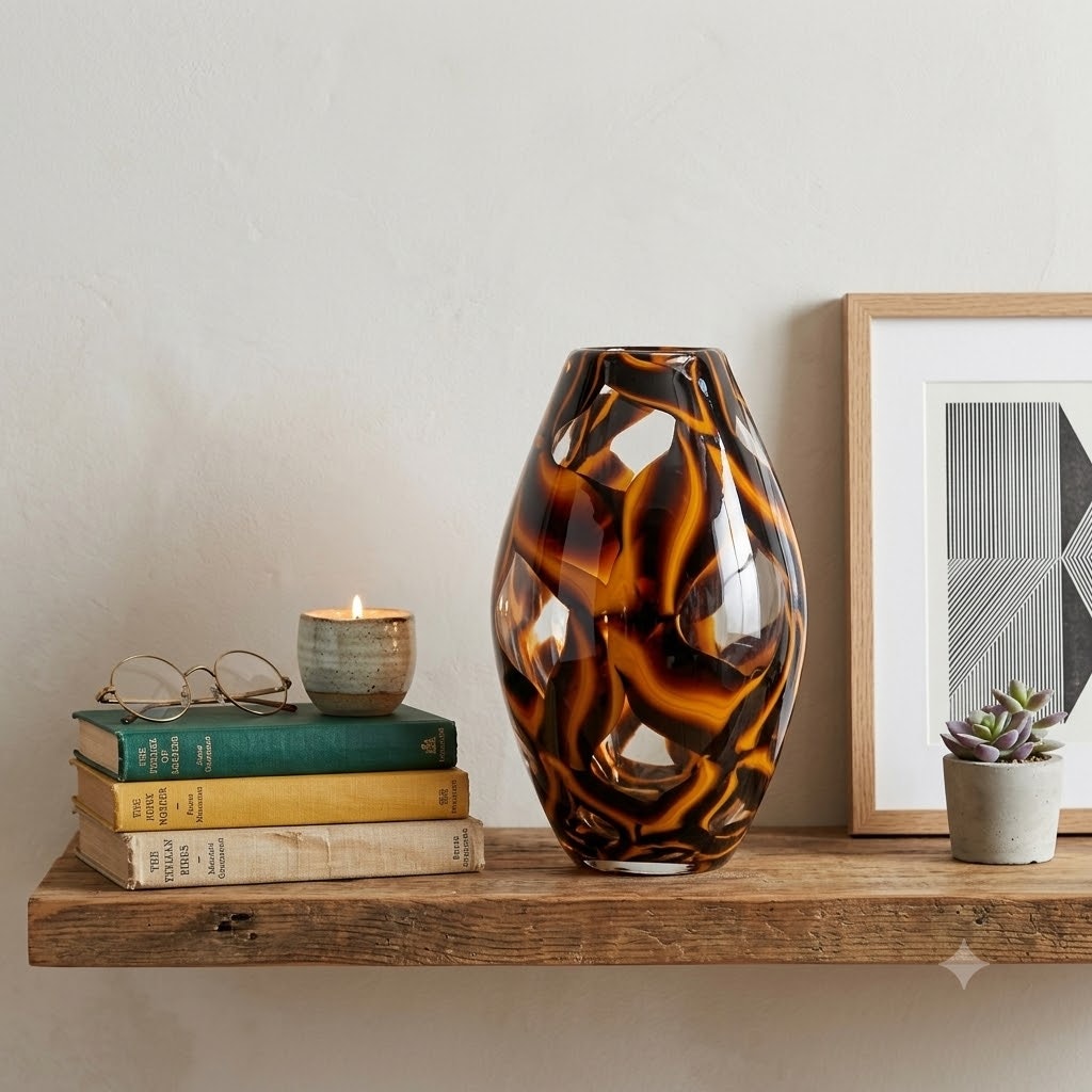 Vintage Tortoiseshell Art Glass Statement Vase LARGE Amber and Orange Swirls