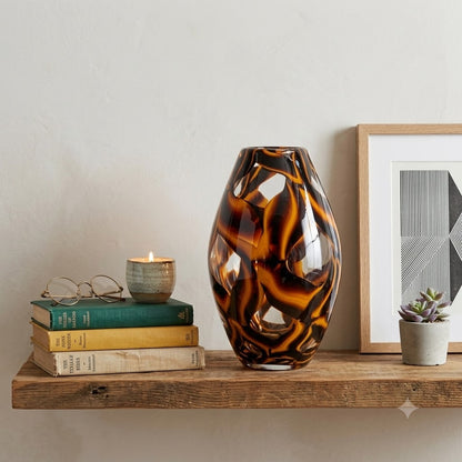 Vintage Tortoiseshell Art Glass Statement Vase LARGE Amber and Orange Swirls