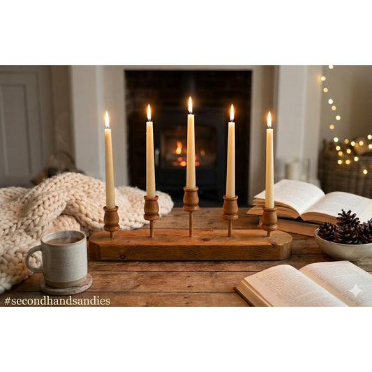 Vintage Rustic Wooden 5-Taper Candelabra Centerpiece 17.6 Cabincore Hygge Scandi
