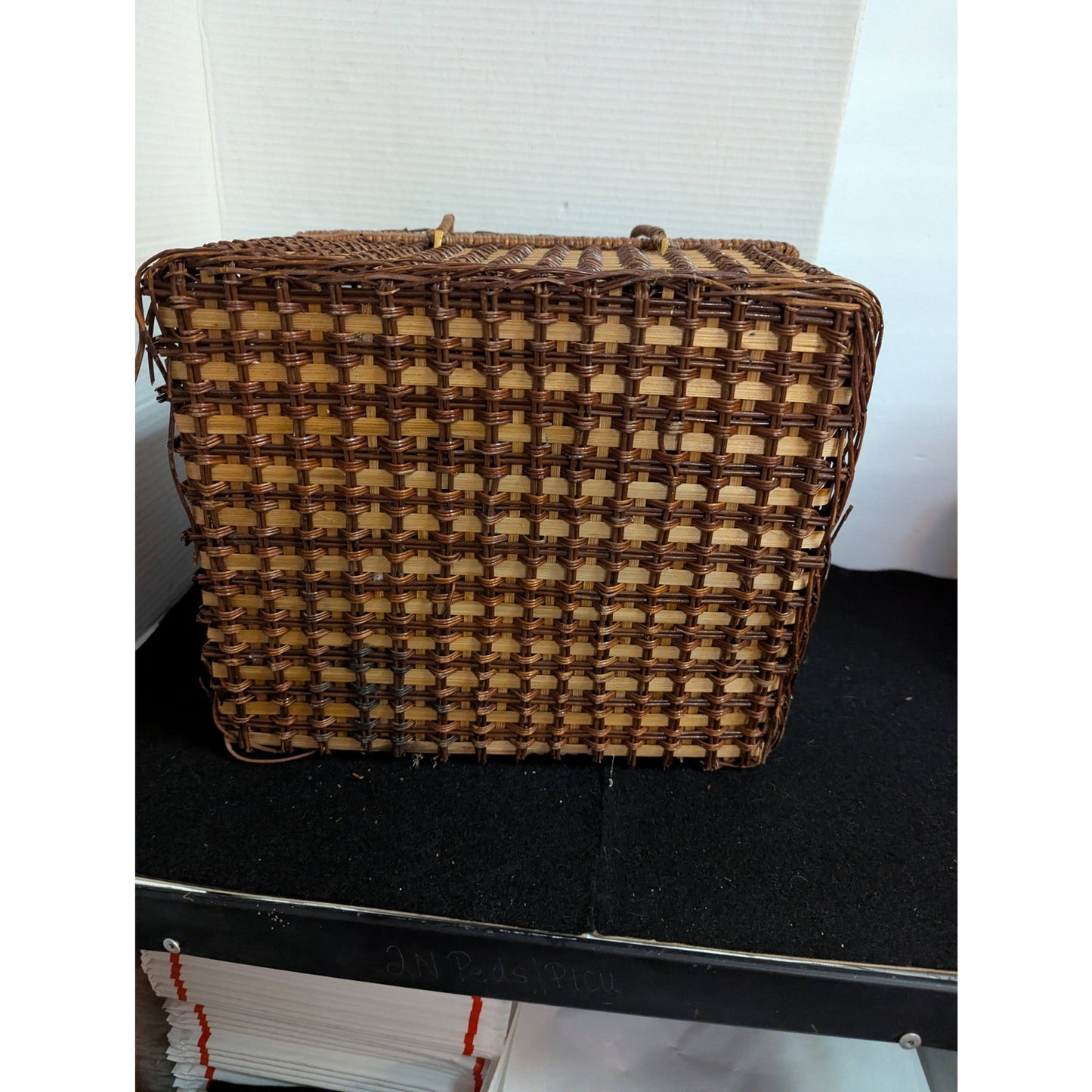 Vintage Woven Rattan Picnic Basket with Plastic Tableware Set