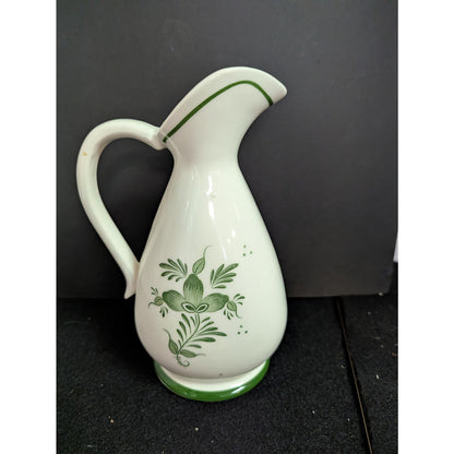 Vintage Hand Painted Green Floral Ceramic Pitcher Vase Japan