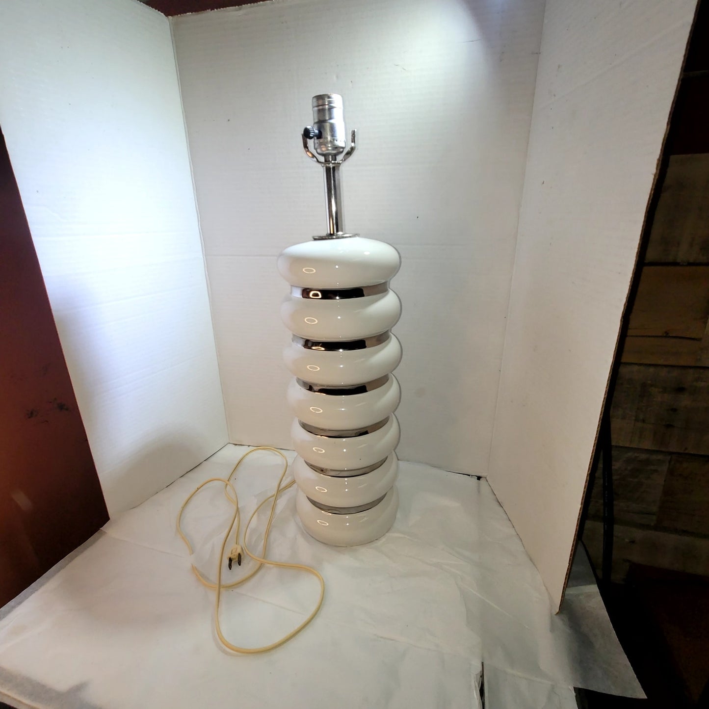 1960s MCM French Moderne White Silver Ring Round stacked lamp 22" x 6"