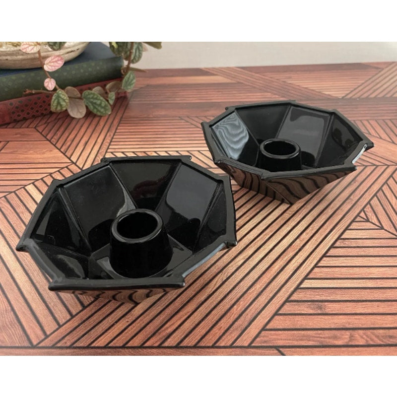3 pc. Fostoria Black Glass Bowl & Pair Matching Candle holder Geometric Sakier