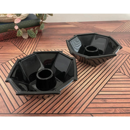 3 pc. Fostoria Black Glass Bowl & Pair Matching Candle holder Geometric Sakier