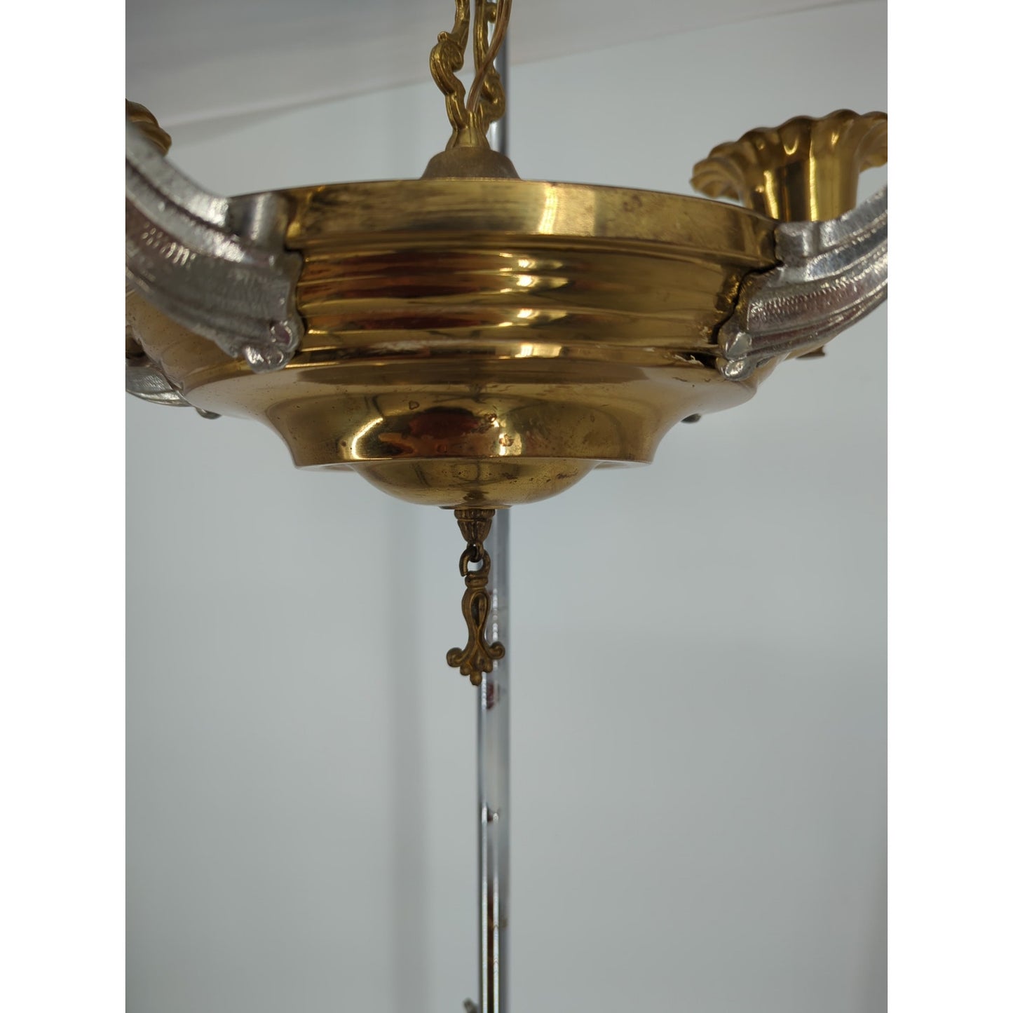 Vintage 5-Arm Two-Tone Brass & Chrome Chandelier Tulip Shades Hollywood Regency