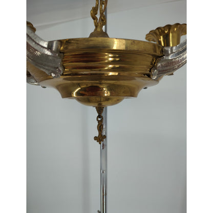 Vintage 5-Arm Two-Tone Brass & Chrome Chandelier Tulip Shades Hollywood Regency