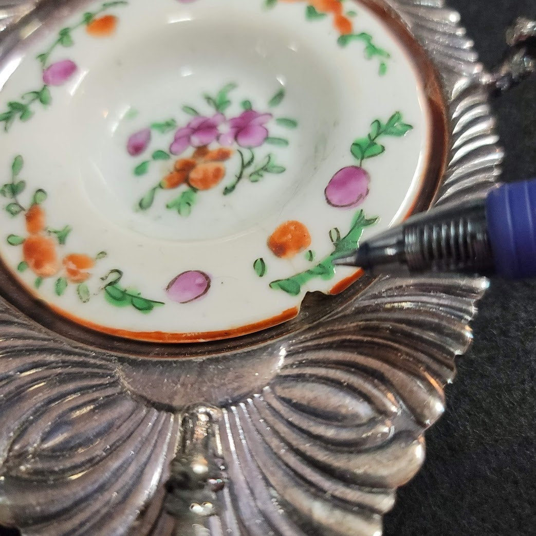 Trinket dish silver footed Italy porcelain round Meriden 294 tray Vanity set