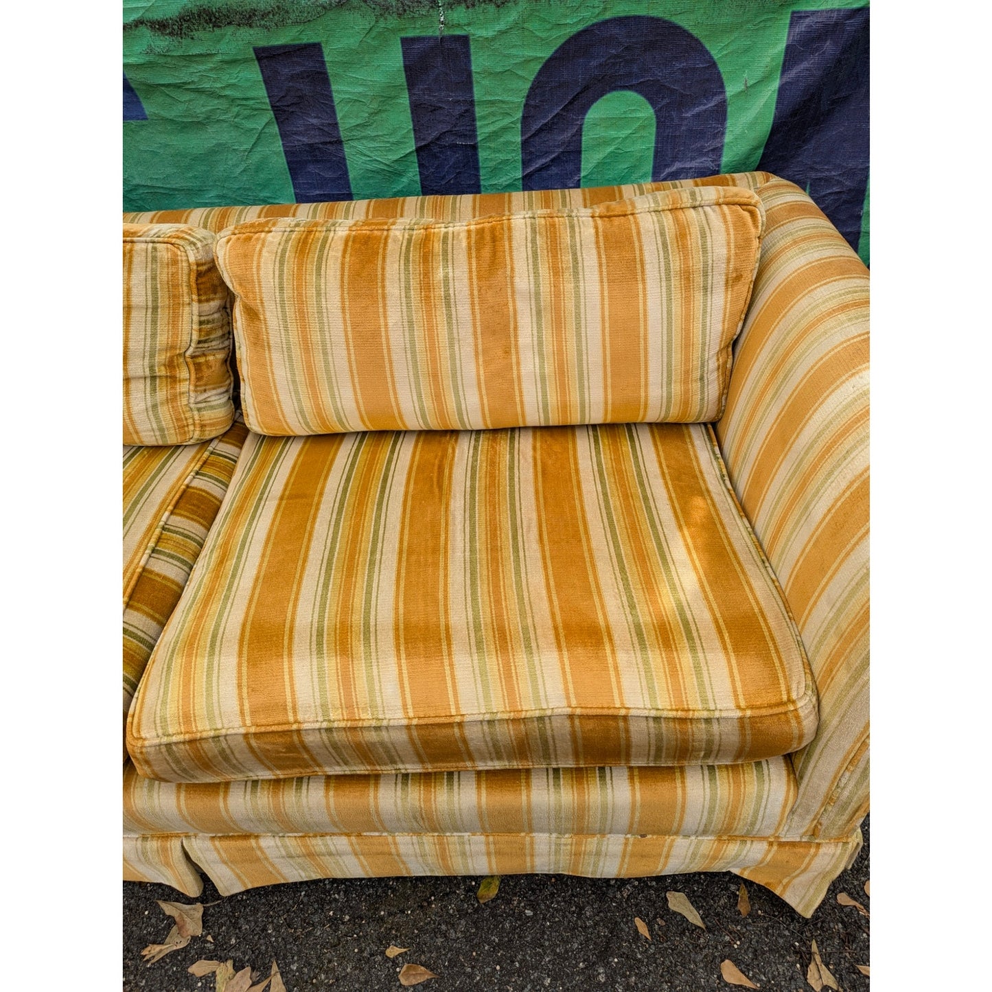 SECONDHAND SANDIES: Amazing vintage velvet Striped orange / yellow coch 8' long