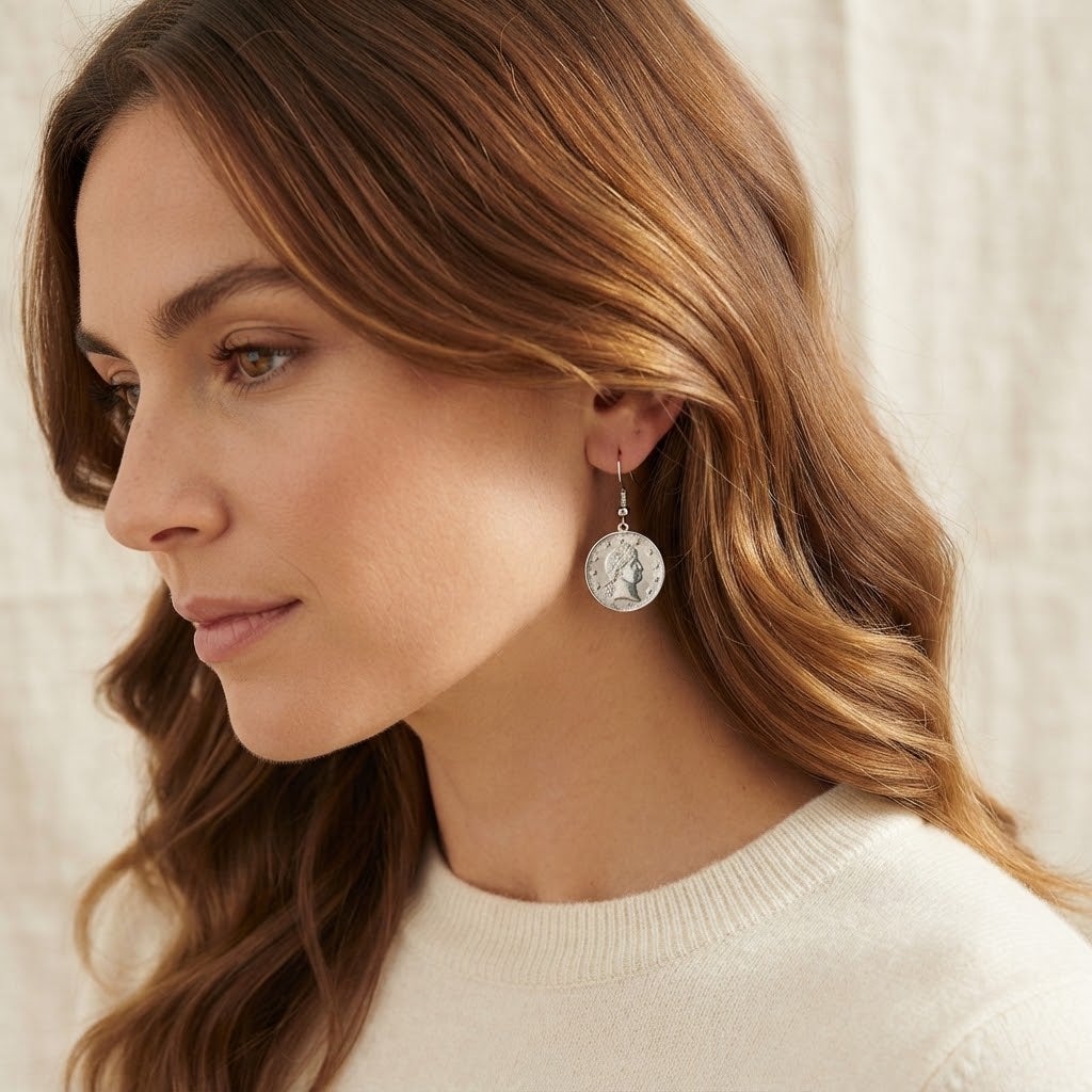 Vintage Silver Tone Coin Dangle Earrings Boho Chic Statement Jewelry