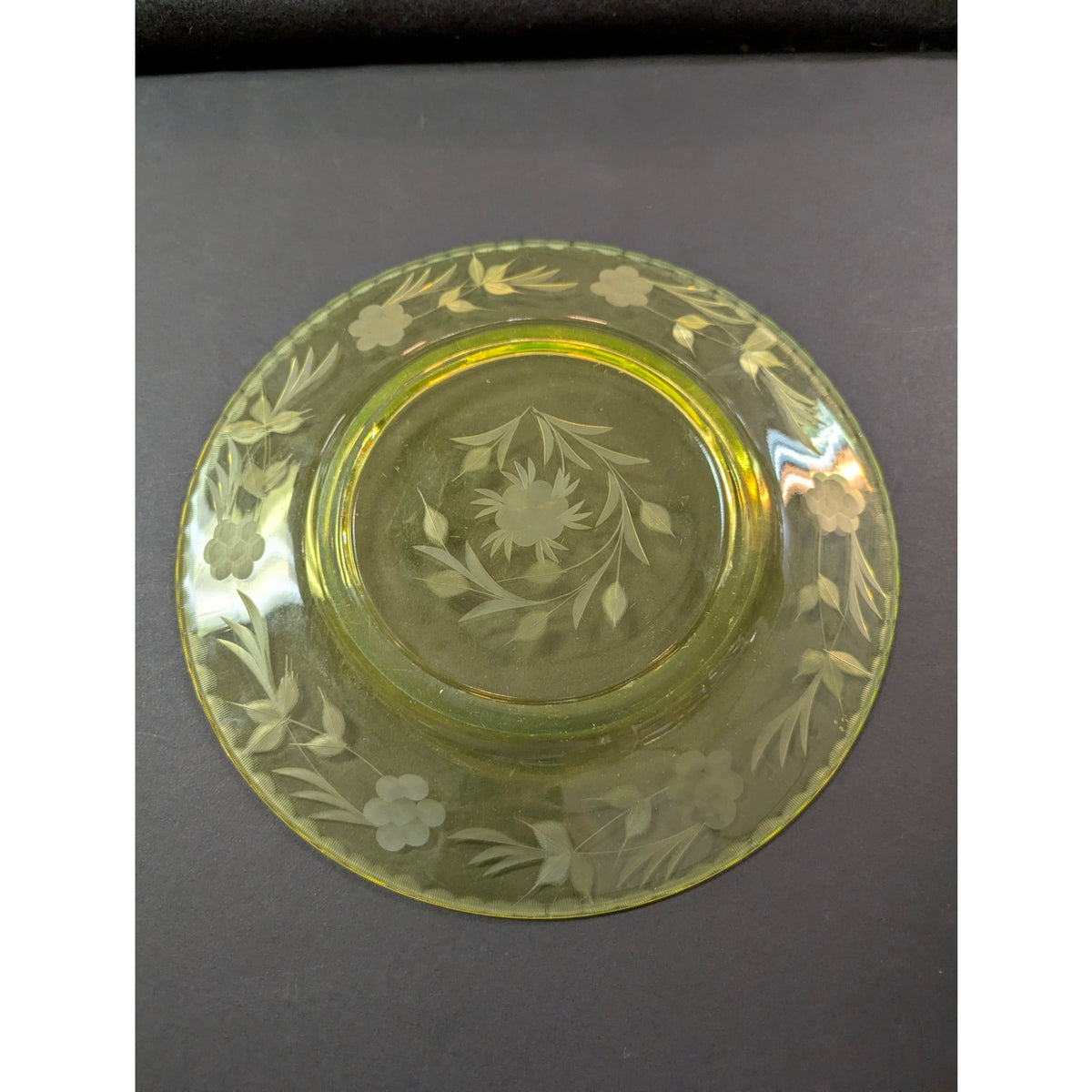 Antique etched glass depression plate yellow uranium