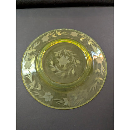 Antique etched glass depression plate yellow uranium
