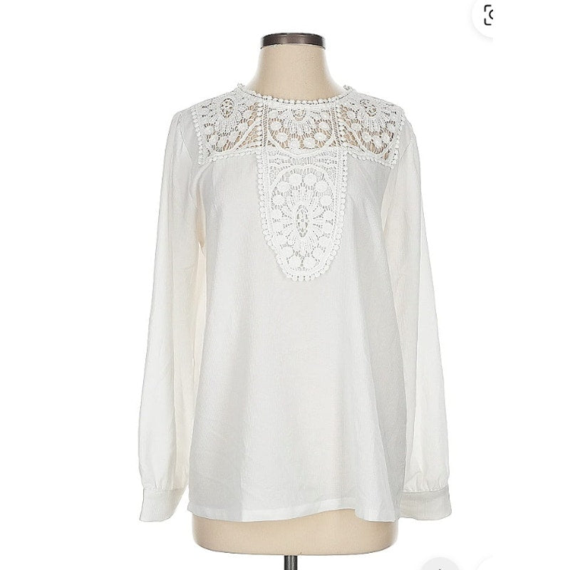HALOGEN Lace Detail Long Sleeve Blouse Top XS extra small Ivory NWT Pullover