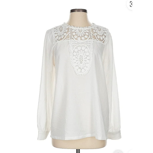 HALOGEN Lace Detail Long Sleeve Blouse Top XS extra small Ivory NWT Pullover