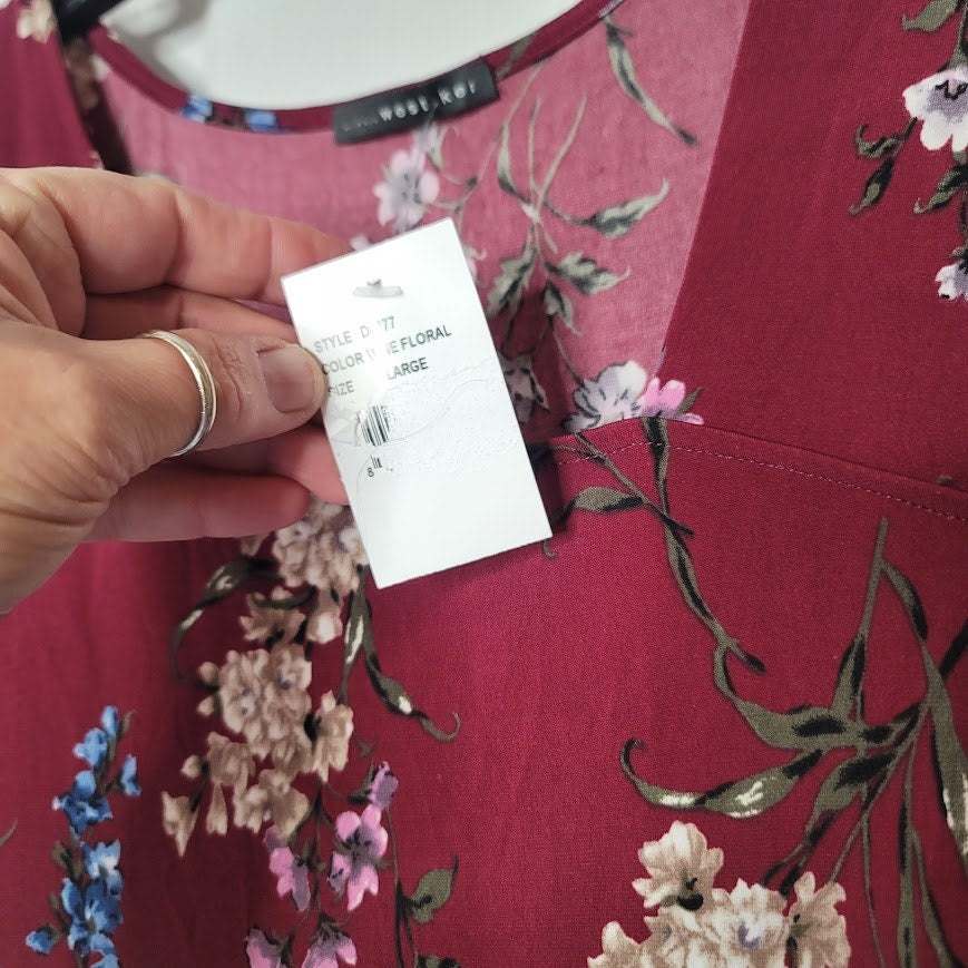 NEW West Kei Burgundy Floral Midi Dress LARGE Hi Low Hem Asymmetrical Collar