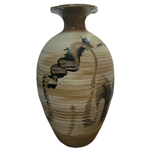 Art Pottery 16.5" Earthtones Vase Signed Steve Burrow 1990 Tan Cream Black