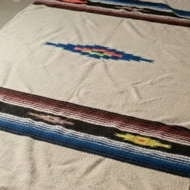 Vintage Mexican Zapotec Handwoven Wool Rug Blanket 82x56 Cream MCM Southwestern