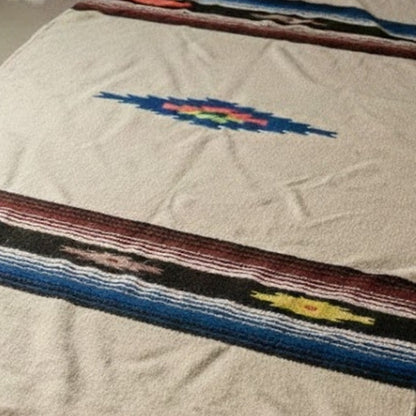 Vintage Mexican Zapotec Handwoven Wool Rug Blanket 82x56 Cream MCM Southwestern