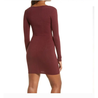 Naked Wardrobe NEW Wine Ribbed Long Sleeve Small BodyCon Dress Cocktail Party