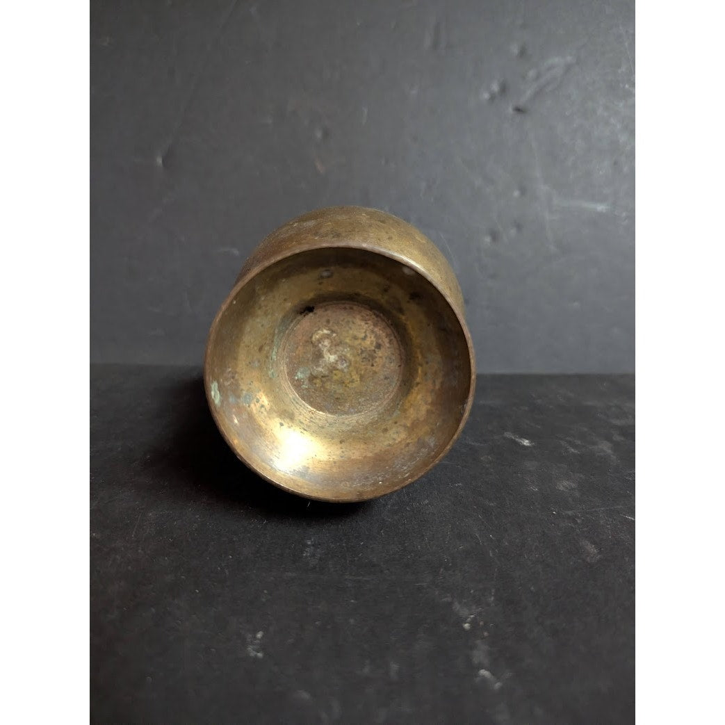 Antique 6" banded brass vase footed Patina flared neck round body Far East
