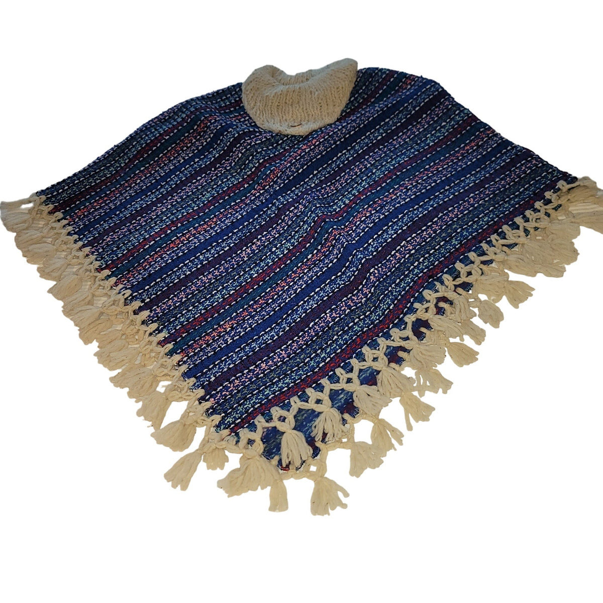 Handmade heavy poncho fringe wood button Winter One Size Multicolor Wool Cotton